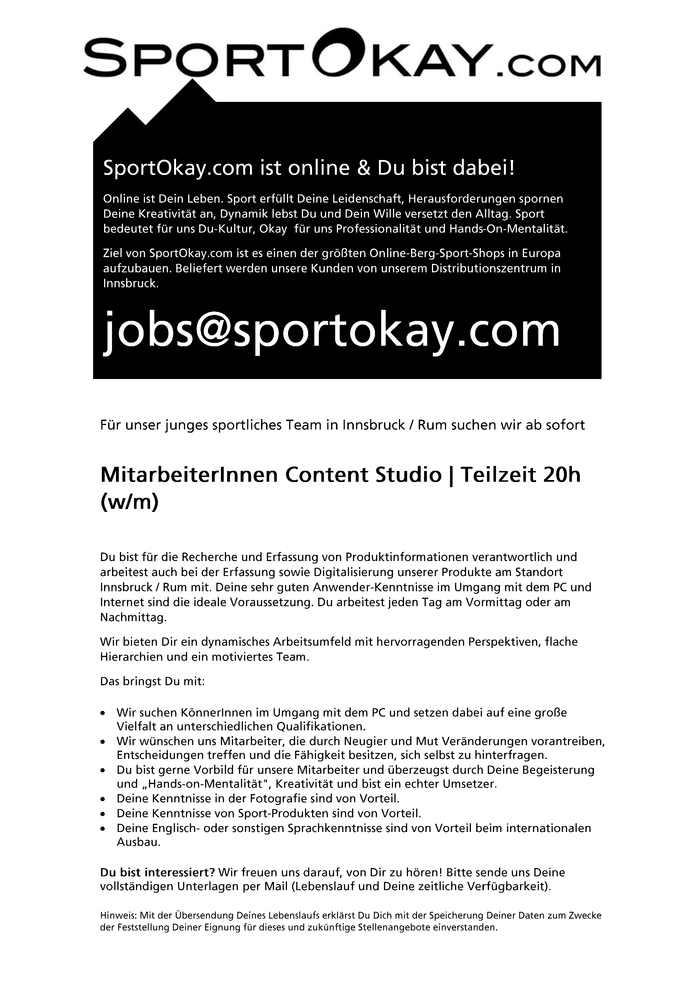 SportOkay.com | SachbearbeiterInnen Contentstudio Teilzeit 20h (w/m)