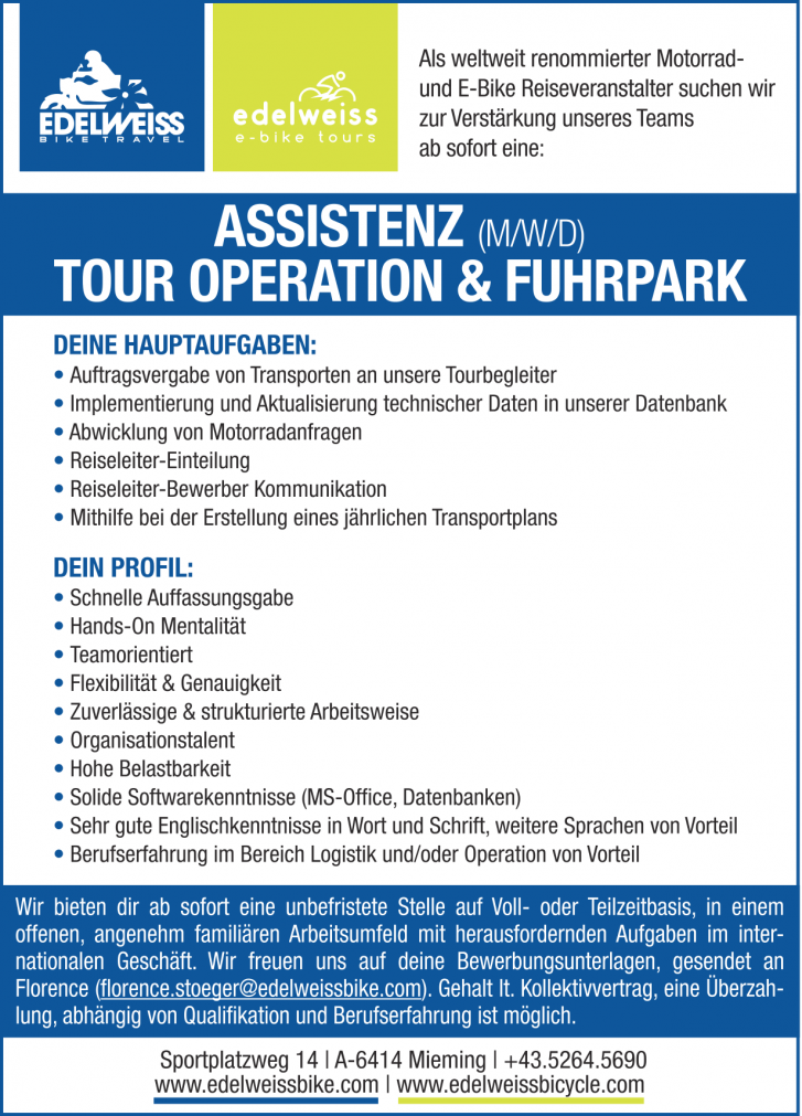 Assistenz Tour Operation & Fuhrpark (m/w/d)