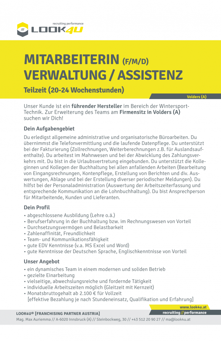 Mitarbeiterin Verwaltung / Assistenz (f/m/d), Teilzeit (20 - 24 h)
