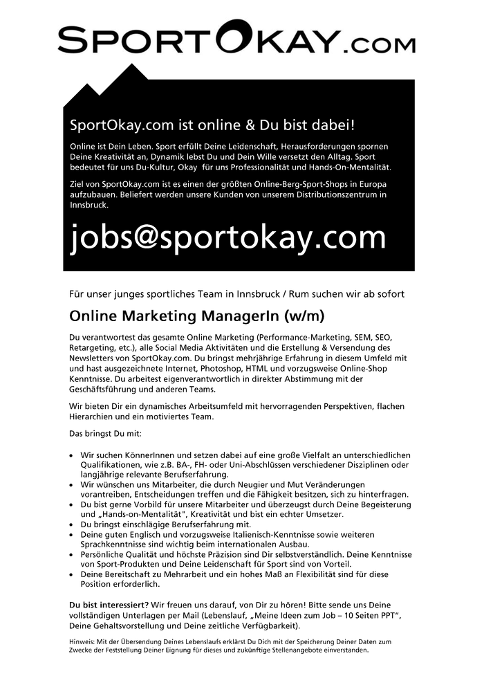 SportOkay.com   |   Online Marketing ManagerIn (w/m) 