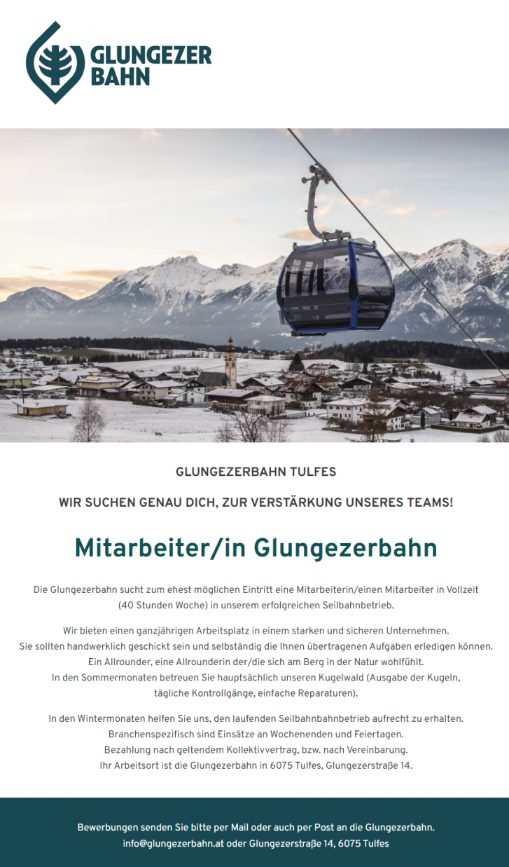 Glungezerbahn Tulfes sucht Mitarbeiter/in