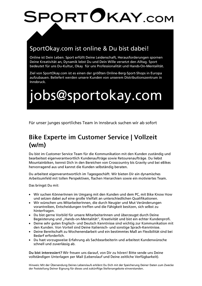 SportOkay.com   >   BIKE Experte im Customer Service    |   Vollzeit  (w/m)