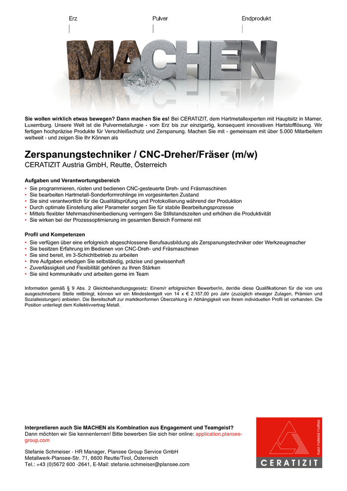 Zerspanungstechniker / CNC-Dreher/Fräser (m/w)