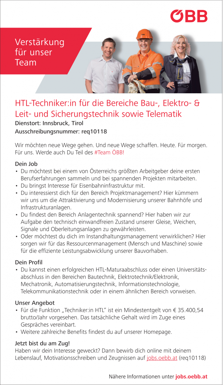 HTL-Techniker:in für die Bereiche Bau-, Elektro- & Leit- und Sicherungstechnik sowie Telematik