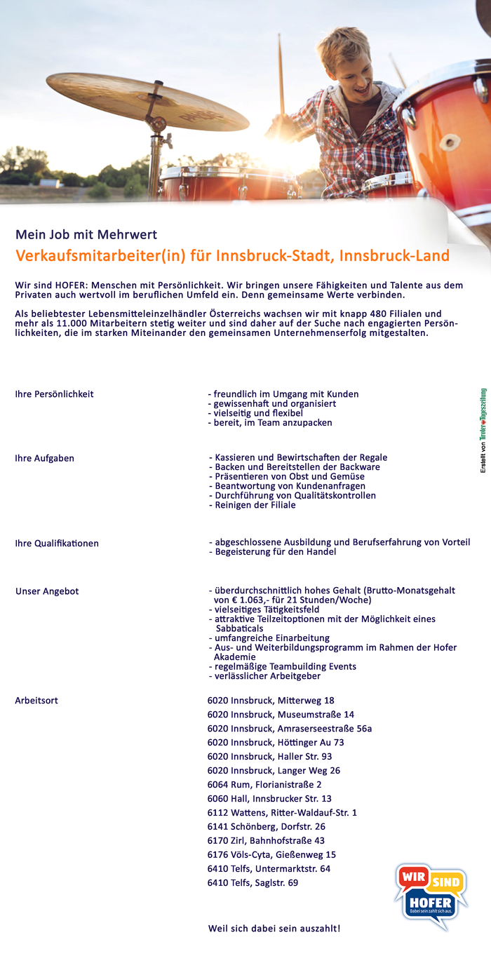 Verkaufsmitarbeiter(in) für Innsbruck-Stadt, Innsbruck-Land