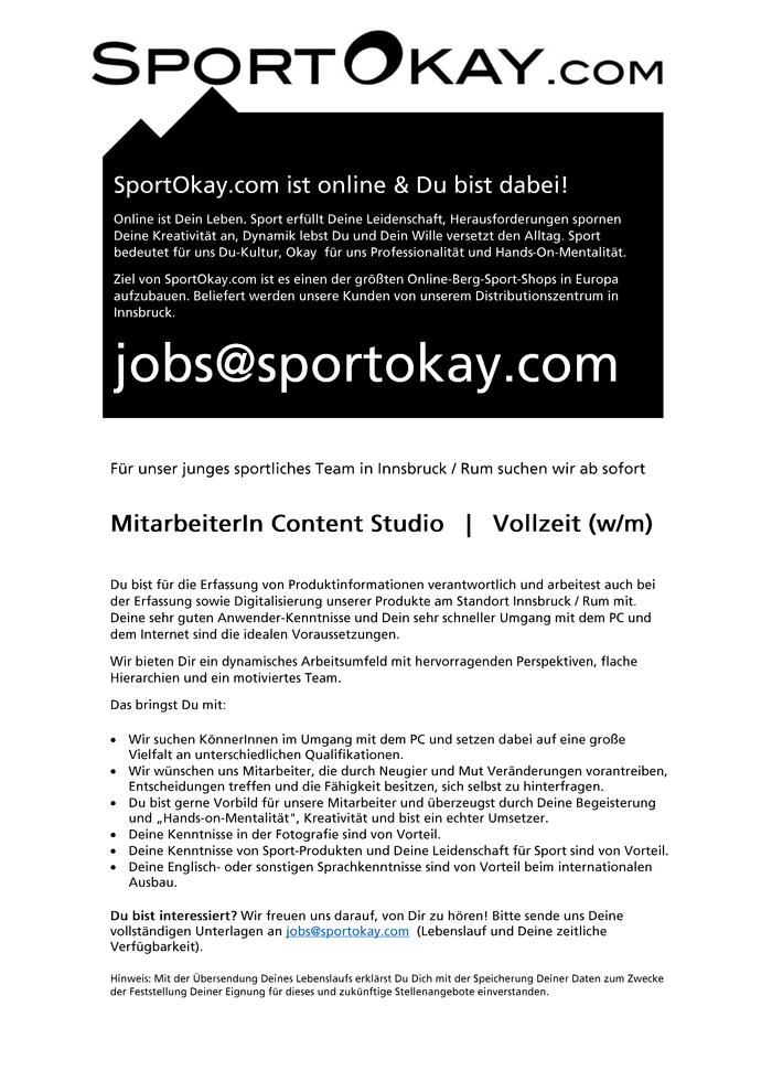 SportOkay.com   |   MitarbeiterIn Contentstudio Vollzeit (w/m)