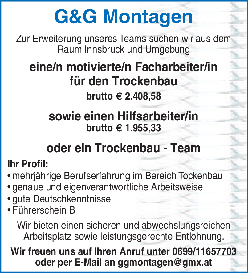 G&G Montagen sucht... 