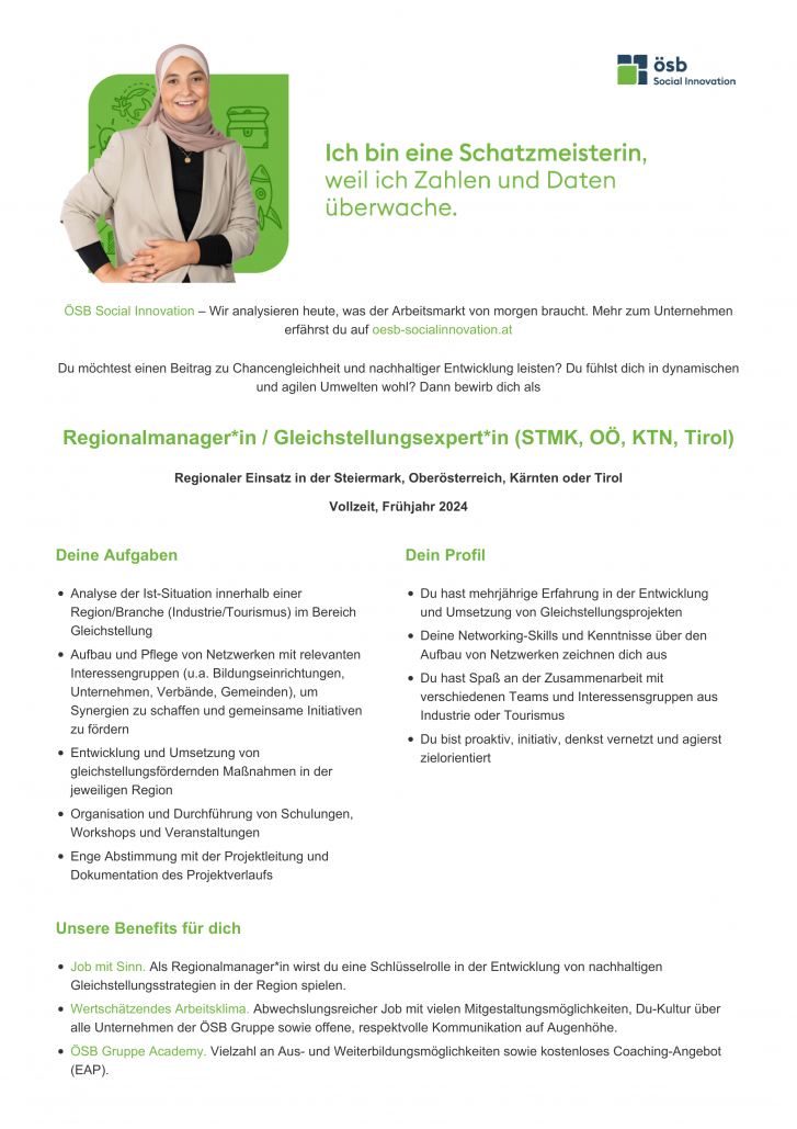 Regionalmanager*in / Gleichstellungsexpert*in (STMK, OÖ, KTN, Tirol)