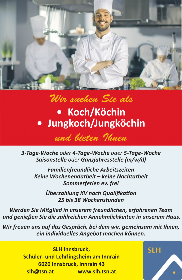 Schüler- und Lehrlingsheim am Innrain sucht Koch/Köchin (m/w) und Jungkoch/Jungköchin (m/w)