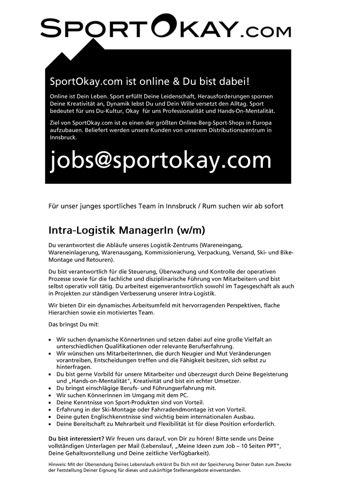 SportOkay.com   >   LeiterIn Logistic   |   Vollzeit (w/m)