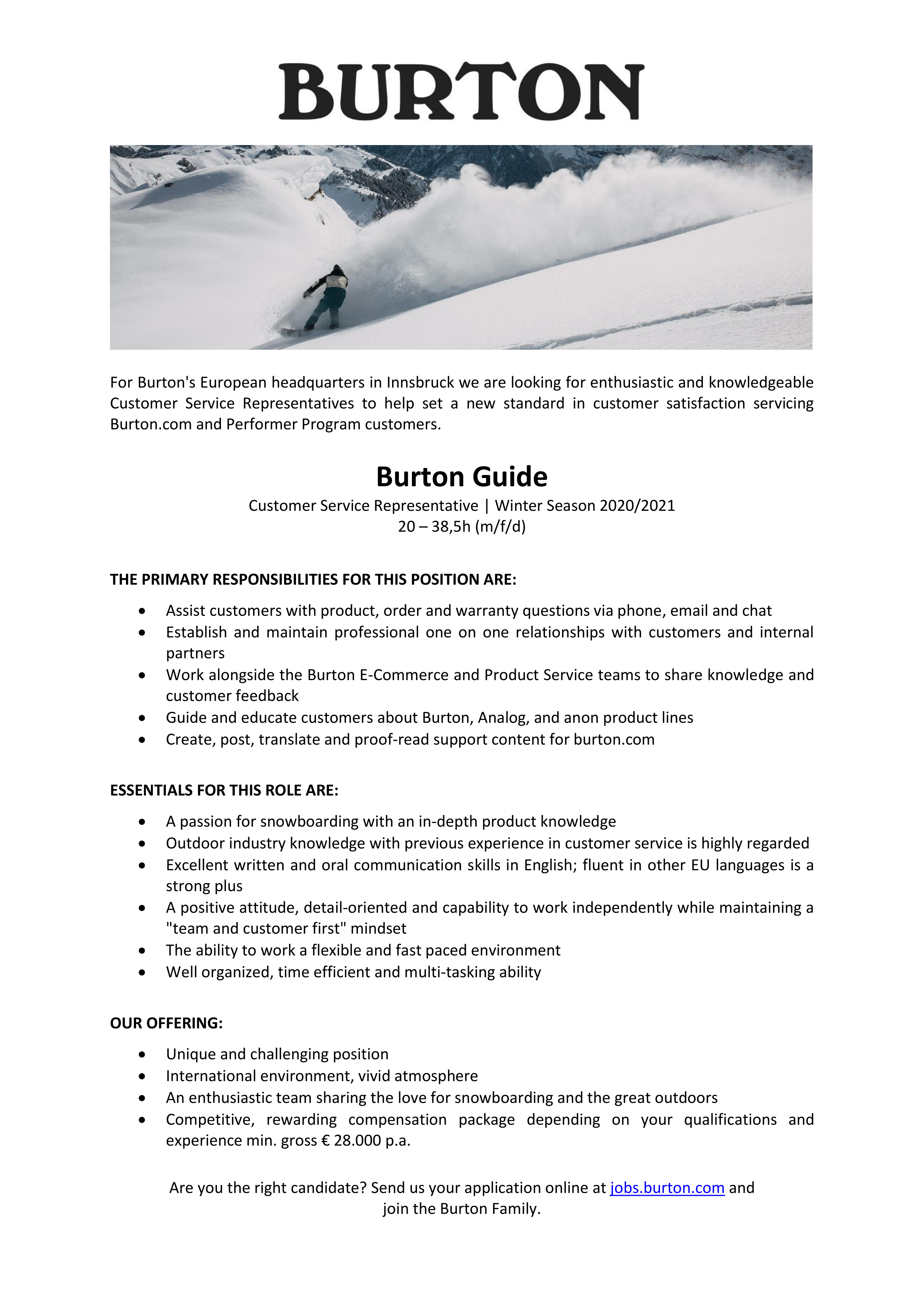 Customer Service Representative - Burton Guide (m/w/d) 20-38,5 h