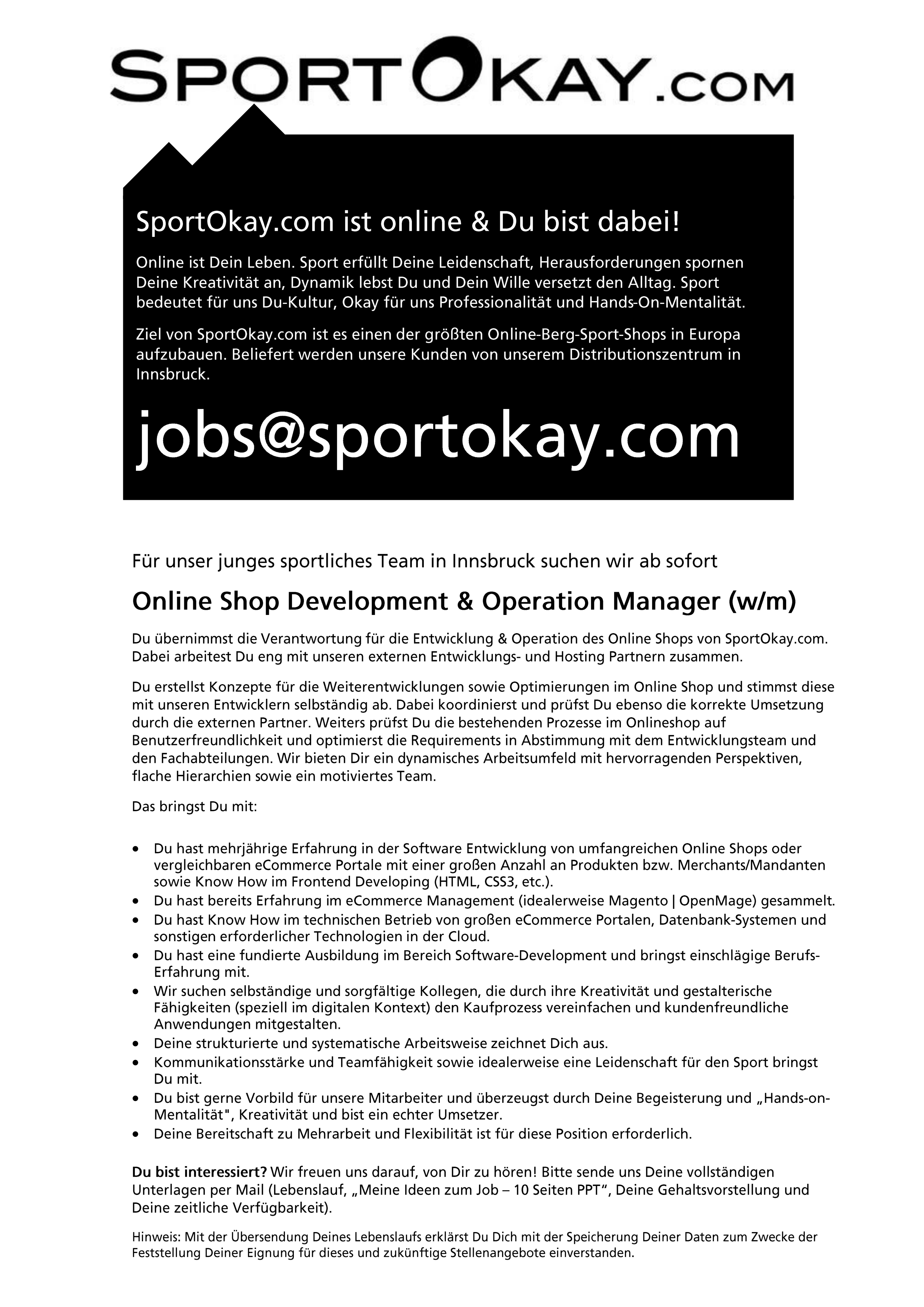 SportOkay.com   >   Online Shop Development & Operation ManagerIn   |   Vollzeit  (w/m)