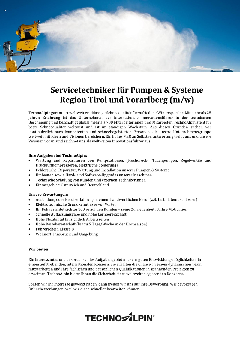 Servicetechniker für Pumpen & Systeme (m&w) Region Tirol und Vorarlberg