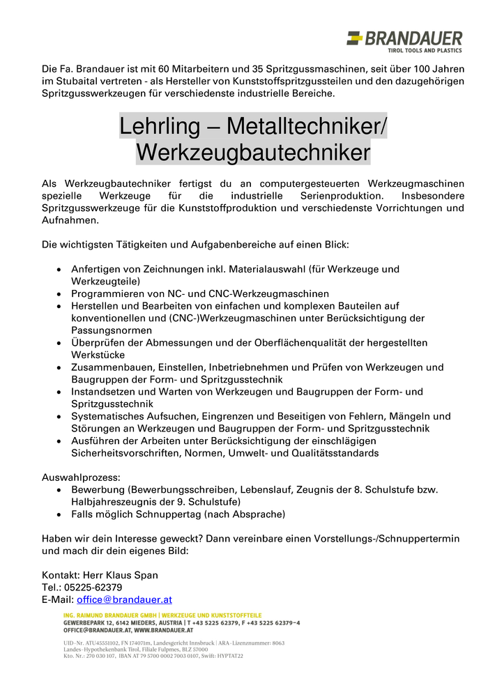 Lehrling Metalltechniker/ Werkzeugbautechniker