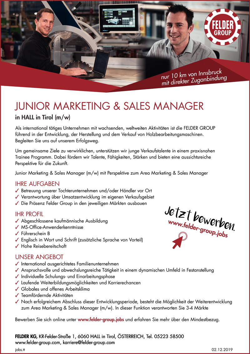 JUNIOR MARKETING & SALES MANAGER in HALL in Tirol (m/w)