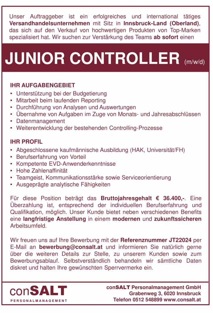 Junior Controller (m/w/d)
