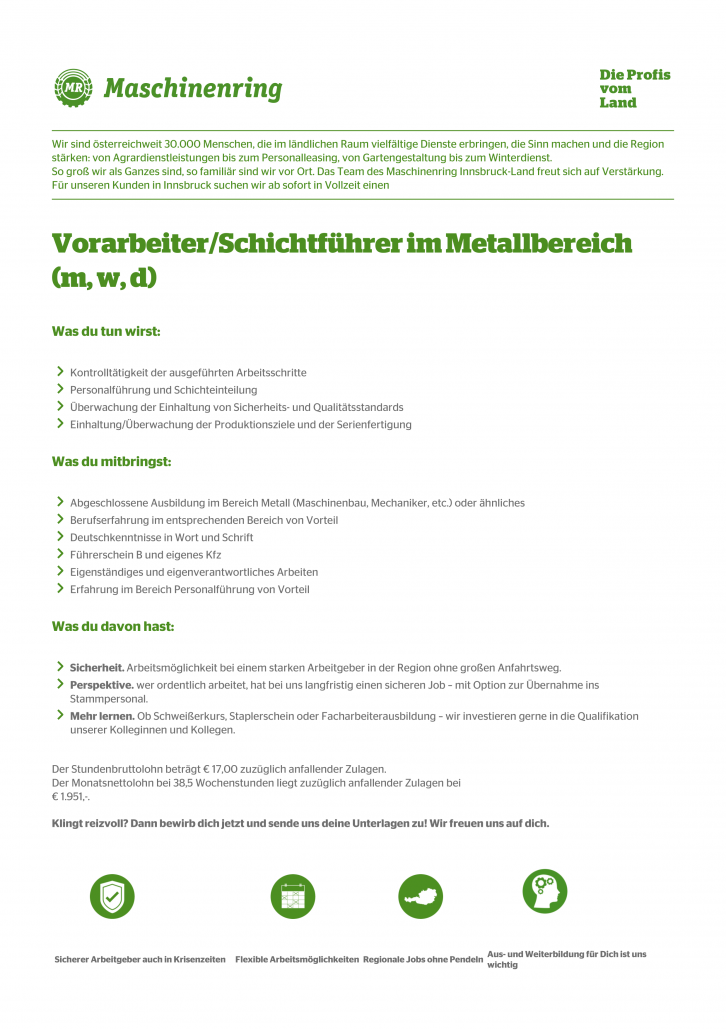  Vorarbeiter/Schichtführer im Metallbereich (m, w, d) 