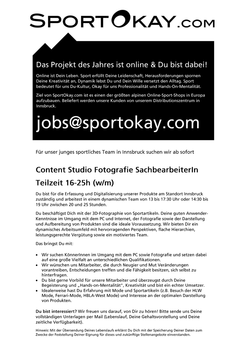 SportOkay.com   >   Content Studio Fotografie   |   Teilzeit   16-25h (w/m)