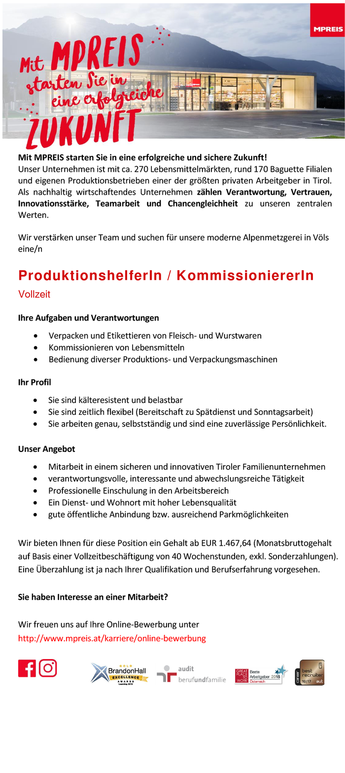 ProduktionshelferIn / KommissioniererIn für unsere Alpenmetzgerei in Völs