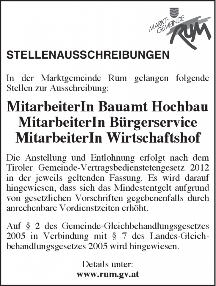 Mitarbeiter/in Bauamt Hochbau (m/w), MitarbeiterIn Bürgerservice (m/w), MitarbeiterIn Wirtschaftshof (m/w)