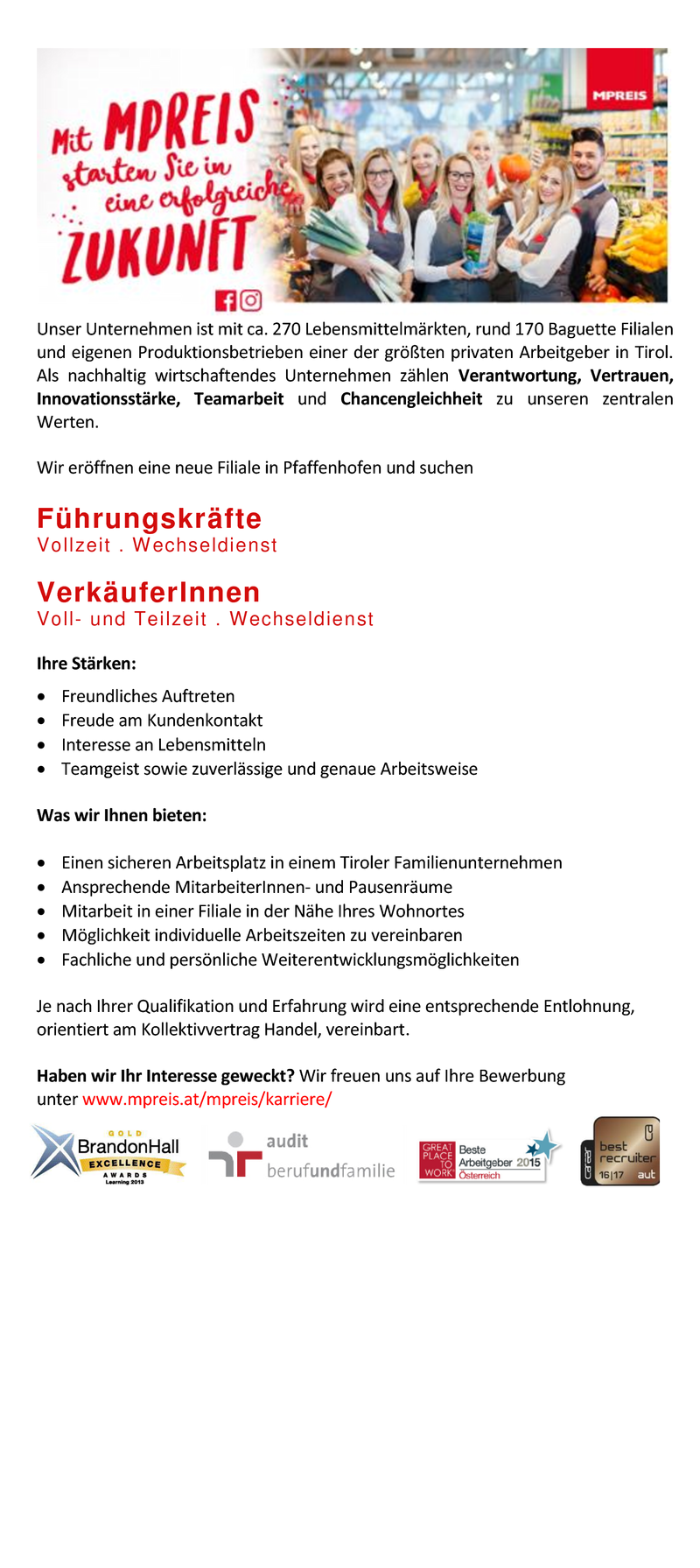 VerkäuferInnen und Führungskräfte für unsere neue Filiale in Pfaffenhofen