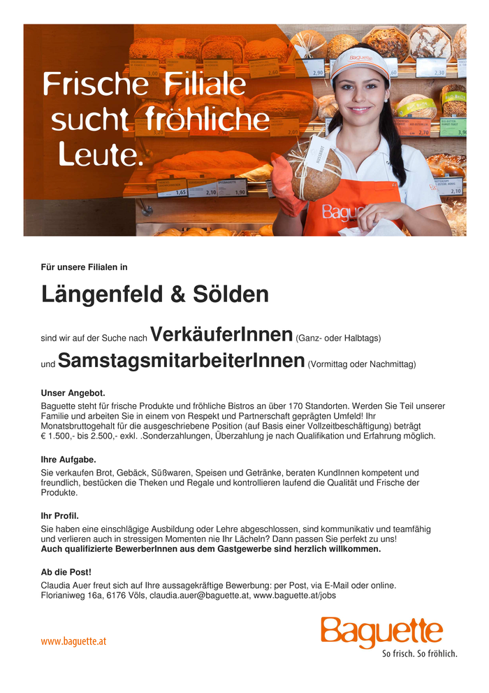 BAGUETTE VerkäuferInnen in Längenfeld & Sölden für Ganz- oder Halbtags, gerne auch für SAMSTAGS (Vormittag oder Nachmittag)