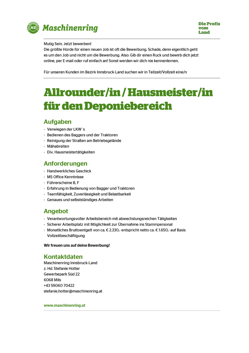 Allrounder/in / Hausmeister/in für den Deponiebereich