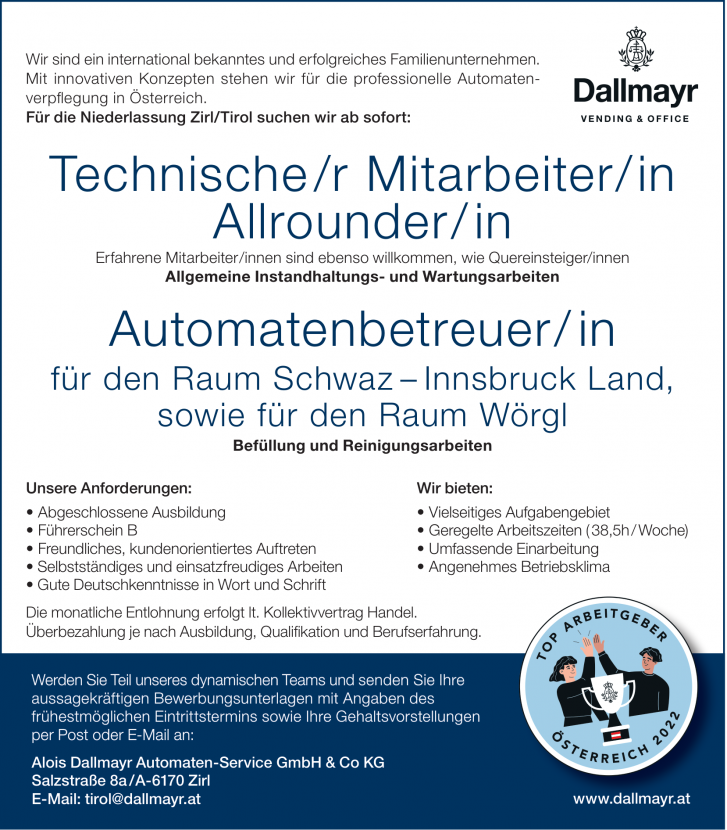 Technische/r Mitarbeiter/ in Allrounder/ in (m/w); Automatenbetreuer/in (m/w)