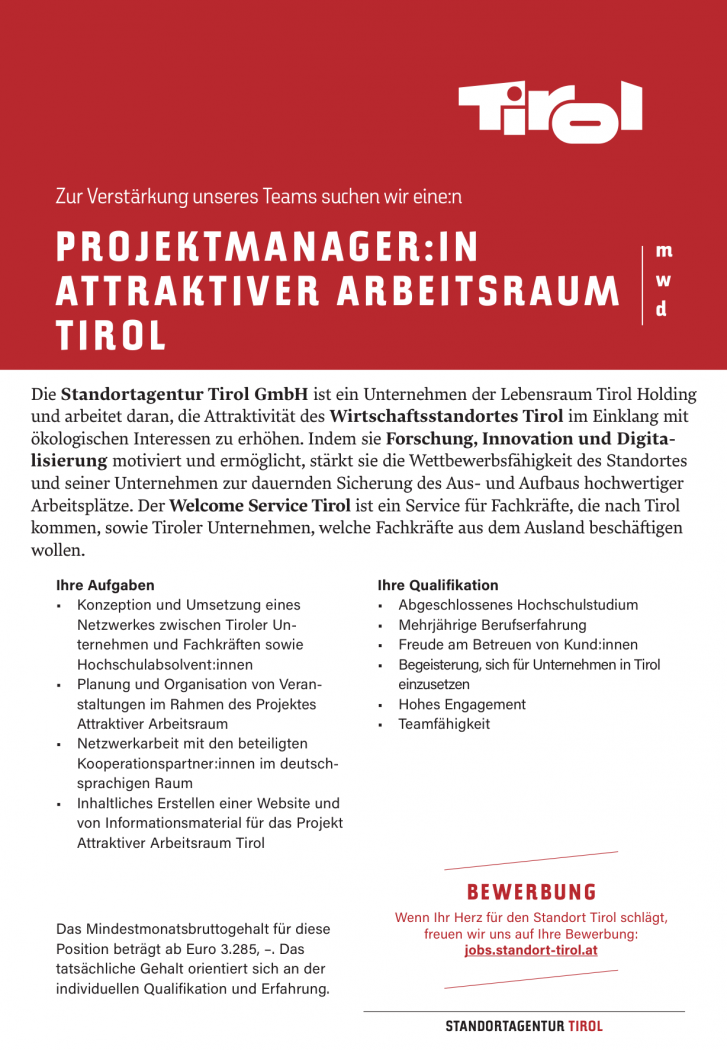 Projektmanager:in Attraktiver Arbeitsraum Tirol
