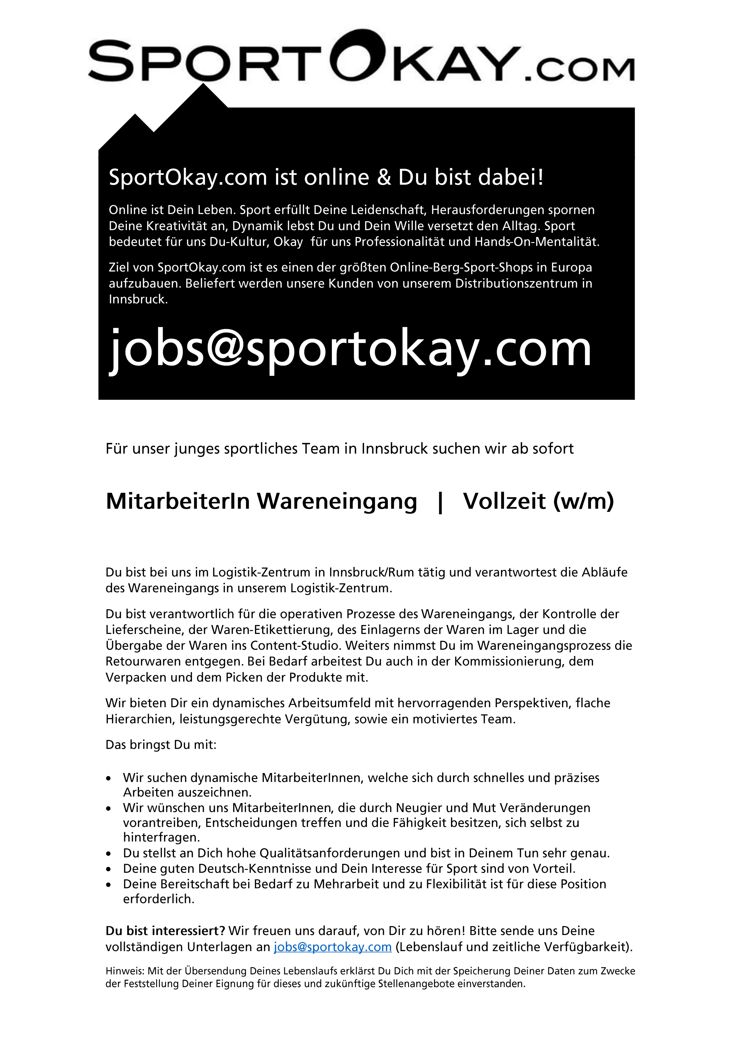 SportOkay.com   >   Logistic Wareneingang   |   Vollzeit (w/m)