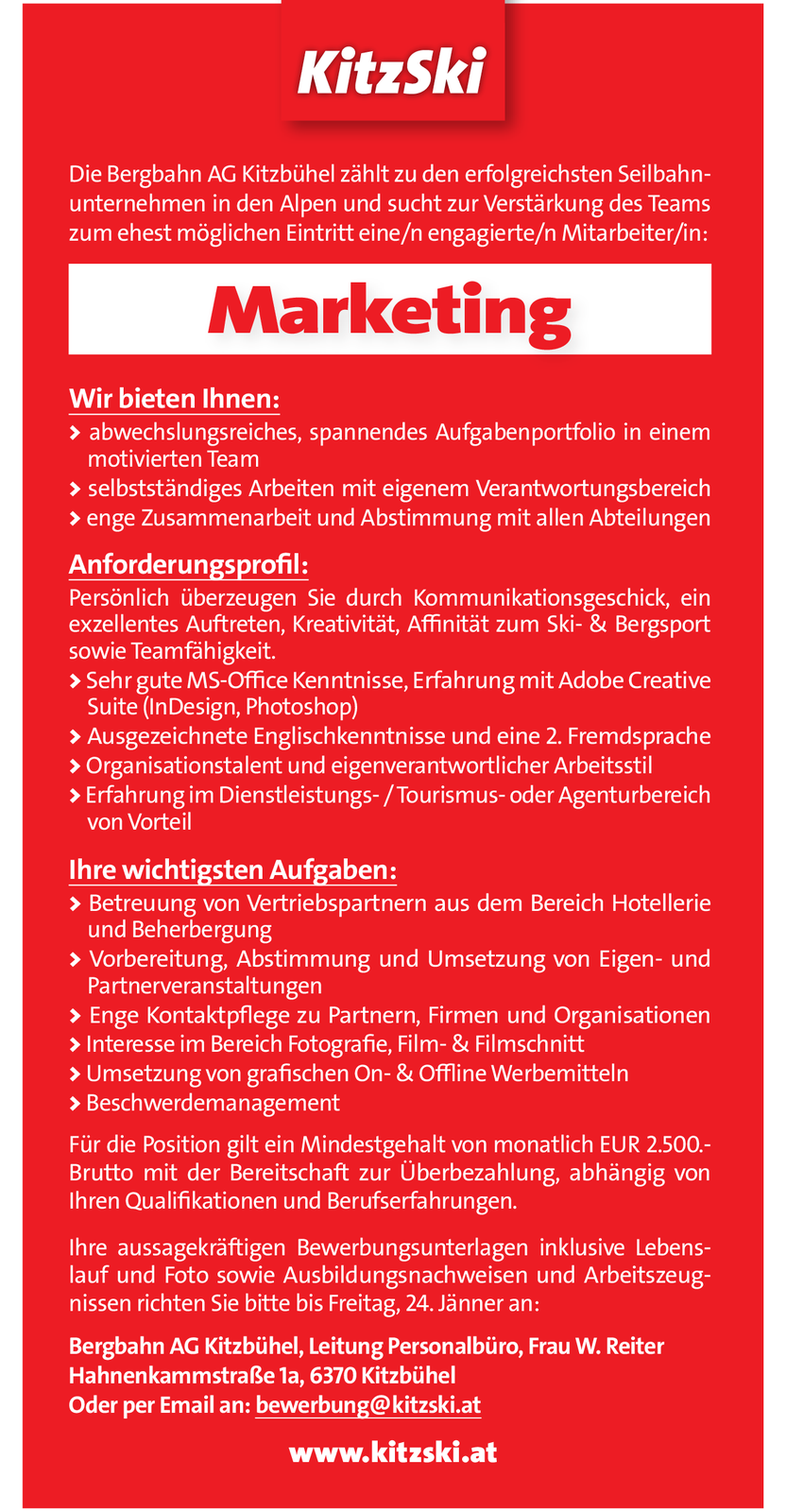 Mitarbeiter/In Marketing Bergbahn Kitzbühel