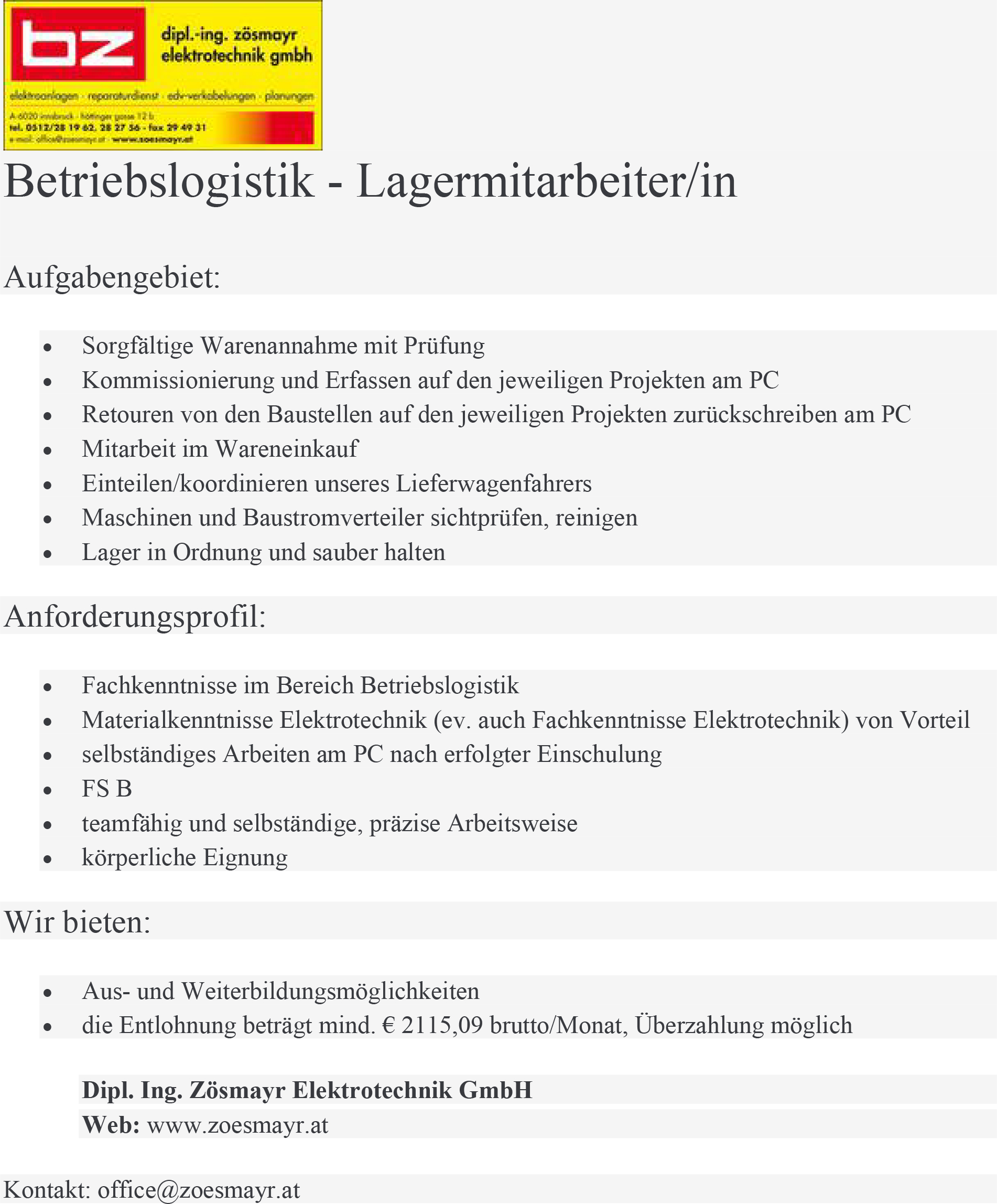 Betriebslogistik - Lagermitarbeiter/in