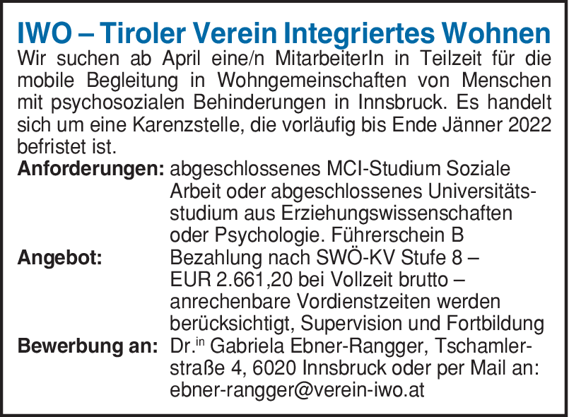 IWO - Tiroler Verein Integriertes Wohnen sucht...