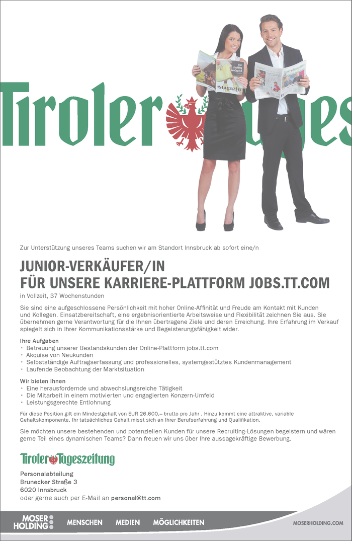 Junior - Verkäufer/in für unsere Karriere-Plattform JOBS.TT.COM 