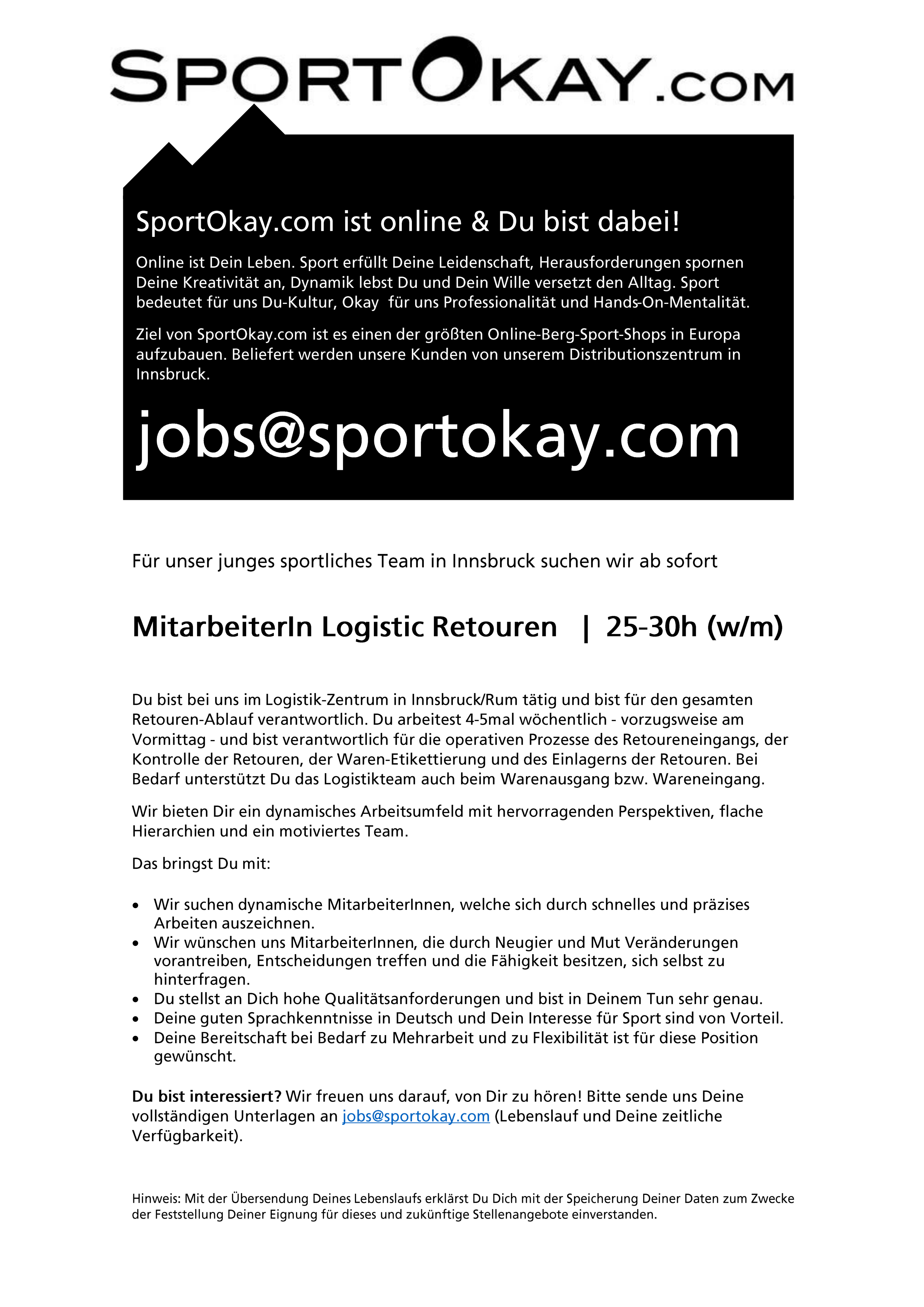 SportOkay.com   >   MitarbeiterIn Logistic Retouren   |   25-30h (w/m)